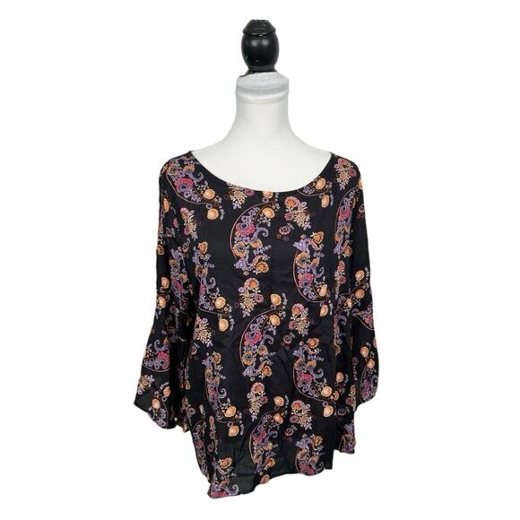 Harlow & Rose Blouse Womens XL Black Floral Ruffle 3/4 Sleeves Rayon Boho Flower - Picture 1 of 11